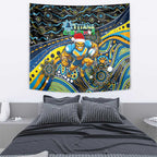 Merry Christmas Gold Coast Titans Tapestry Aboriginal Santa Rugby Mascot - Light Blue