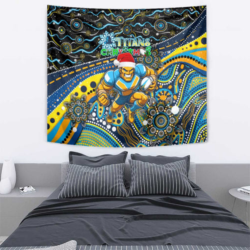Merry Christmas Gold Coast Titans Tapestry Aboriginal Santa Rugby Mascot - Light Blue
