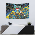 Merry Christmas Gold Coast Titans Tapestry Aboriginal Santa Rugby Mascot - Light Blue