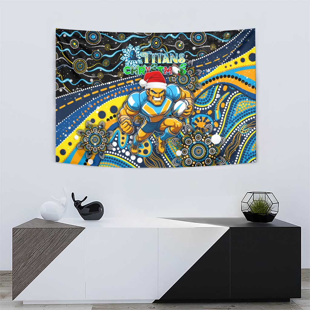 Merry Christmas Gold Coast Titans Tapestry Aboriginal Santa Rugby Mascot - Light Blue