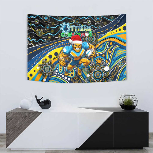 Merry Christmas Gold Coast Titans Tapestry Aboriginal Santa Rugby Mascot - Light Blue