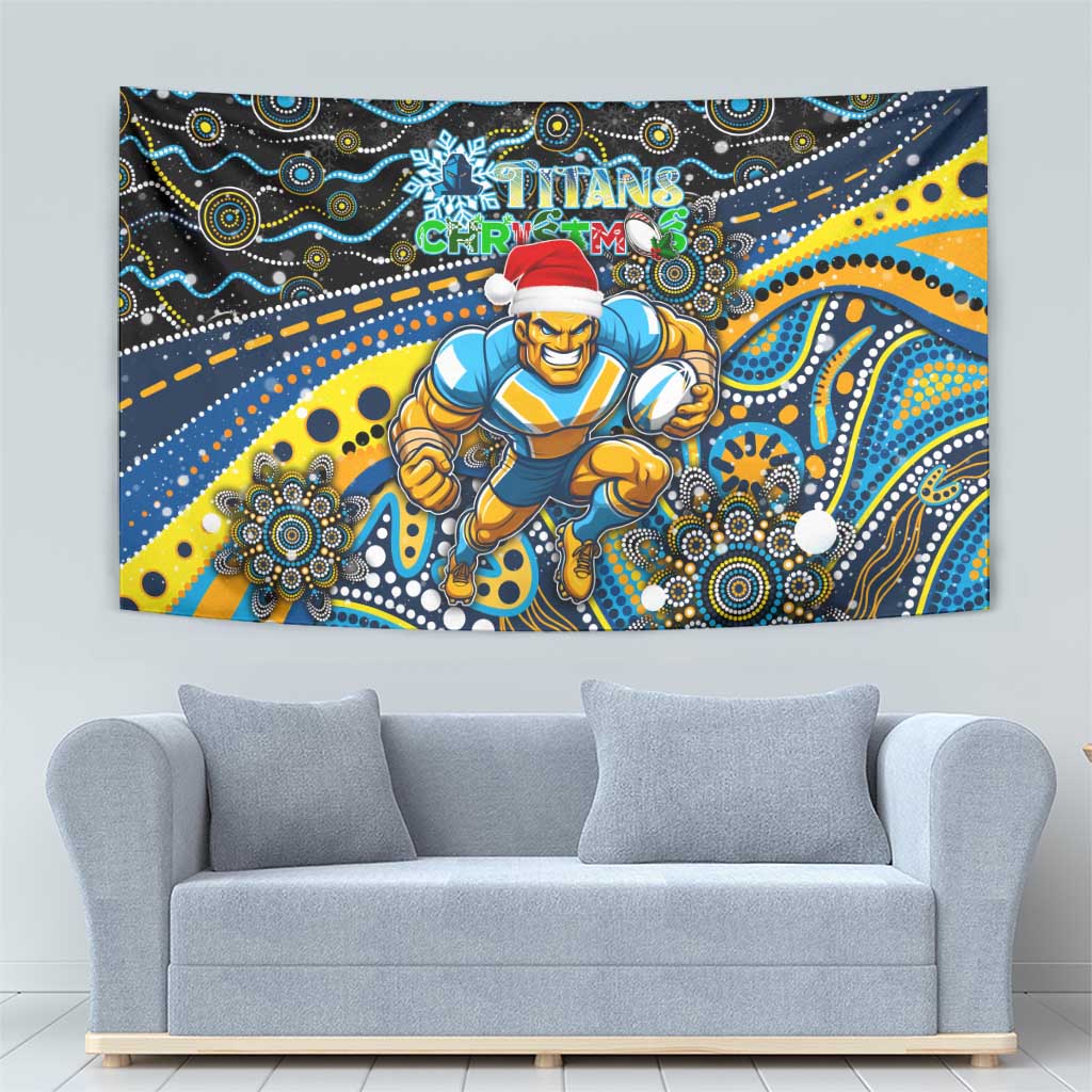 Merry Christmas Gold Coast Titans Tapestry Aboriginal Santa Rugby Mascot - Light Blue