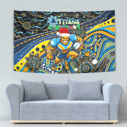 Merry Christmas Gold Coast Titans Tapestry Aboriginal Santa Rugby Mascot - Light Blue