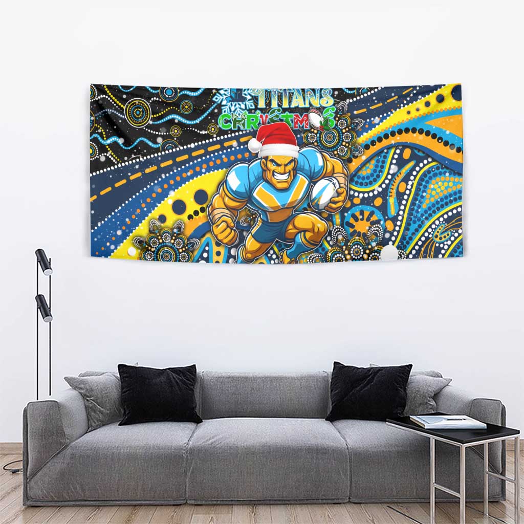 Merry Christmas Gold Coast Titans Tapestry Aboriginal Santa Rugby Mascot - Light Blue