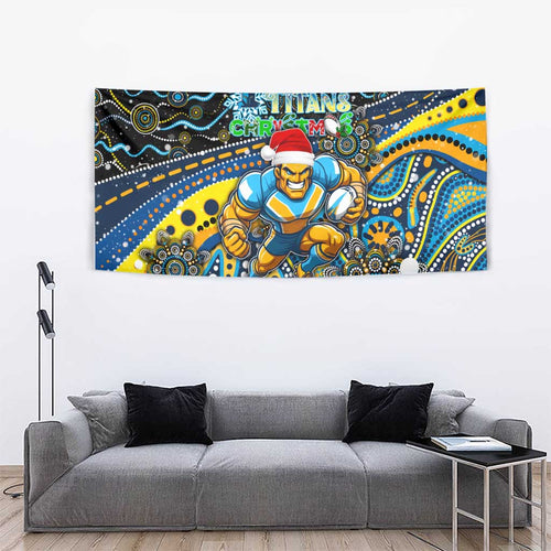 Merry Christmas Gold Coast Titans Tapestry Aboriginal Santa Rugby Mascot - Light Blue