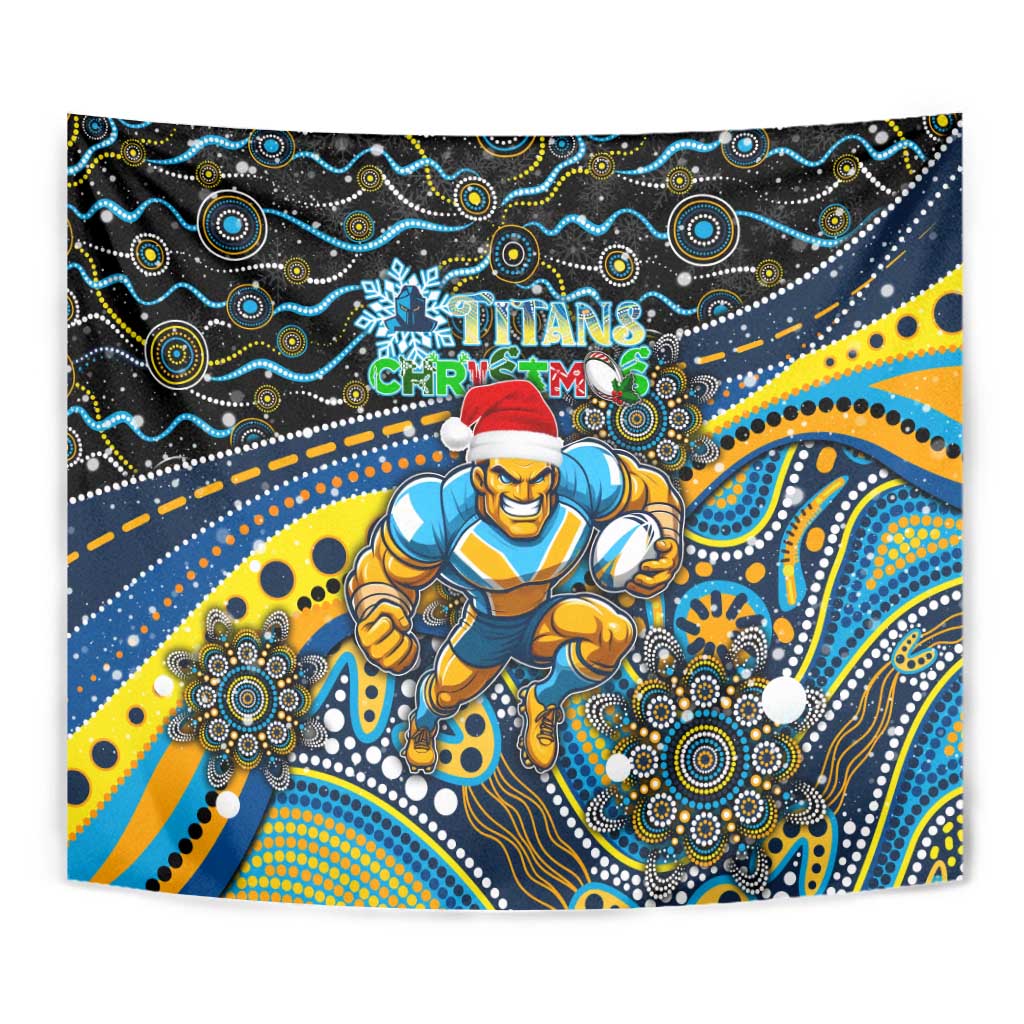 Merry Christmas Gold Coast Titans Tapestry Aboriginal Santa Rugby Mascot - Light Blue