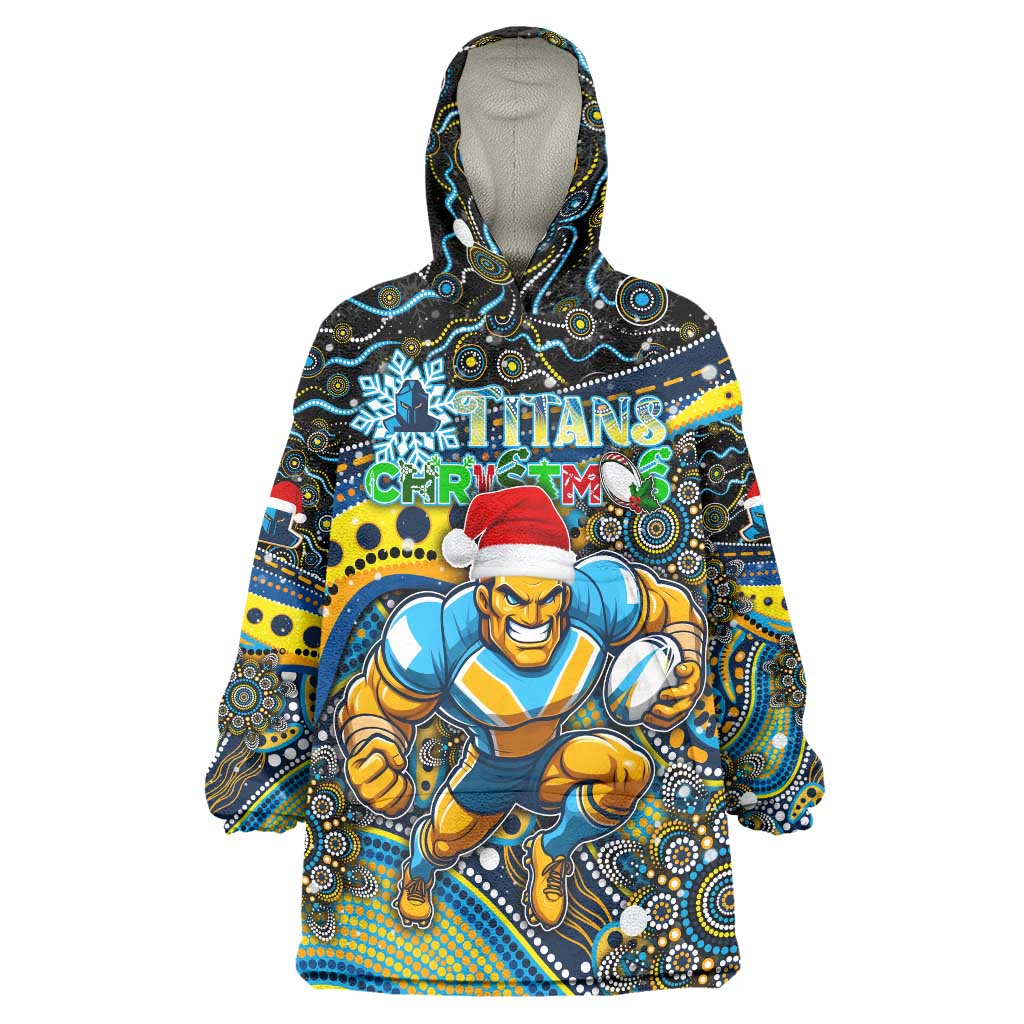Merry Christmas Gold Coast Titans Wearable Blanket Hoodie Aboriginal Santa Rugby Mascot - Light Blue