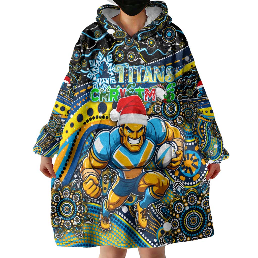 Merry Christmas Gold Coast Titans Wearable Blanket Hoodie Aboriginal Santa Rugby Mascot - Light Blue