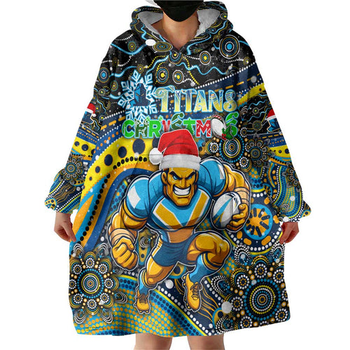 Merry Christmas Gold Coast Titans Wearable Blanket Hoodie Aboriginal Santa Rugby Mascot - Light Blue