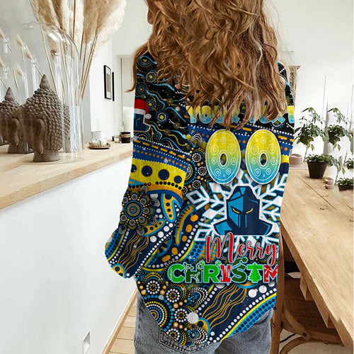 Merry Christmas Gold Coast Titans Women Casual Shirt Aboriginal Santa Rugby Mascot - Light Blue