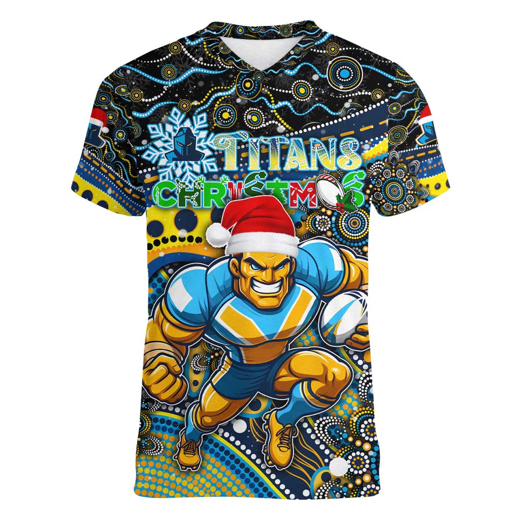 Merry Christmas Gold Coast Titans Women V-Neck T-Shirt Aboriginal Santa Rugby Mascot - Light Blue