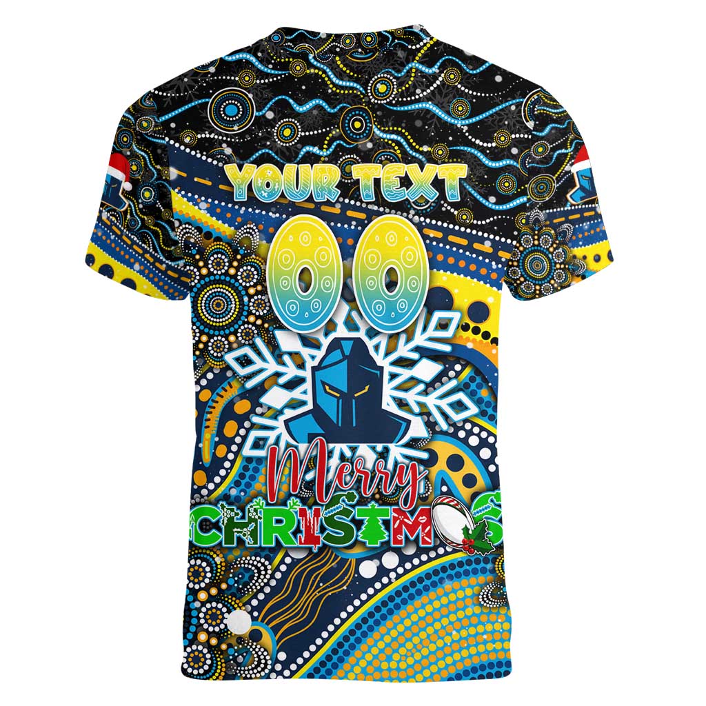 Merry Christmas Gold Coast Titans Women V-Neck T-Shirt Aboriginal Santa Rugby Mascot - Light Blue