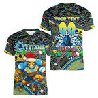 Merry Christmas Gold Coast Titans Women V-Neck T-Shirt Aboriginal Santa Rugby Mascot - Light Blue