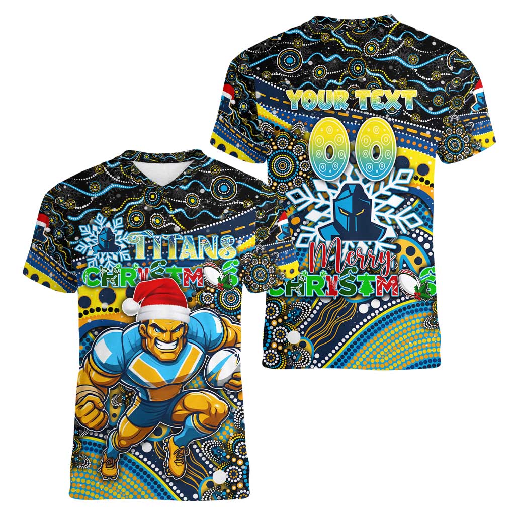 Merry Christmas Gold Coast Titans Women V-Neck T-Shirt Aboriginal Santa Rugby Mascot - Light Blue