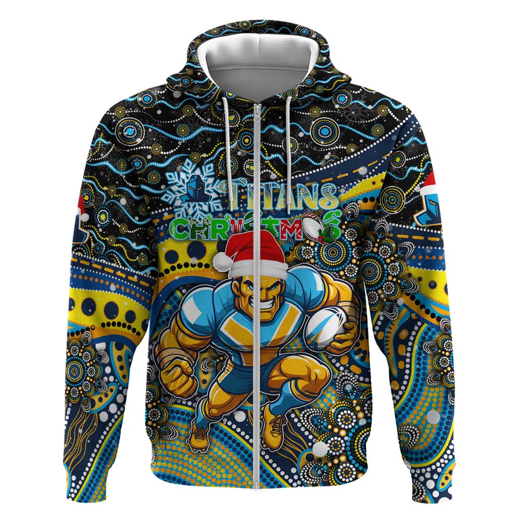 Merry Christmas Gold Coast Titans Zip Hoodie Aboriginal Santa Rugby Mascot - Light Blue