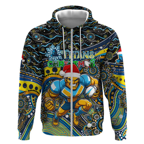 Merry Christmas Gold Coast Titans Zip Hoodie Aboriginal Santa Rugby Mascot - Light Blue