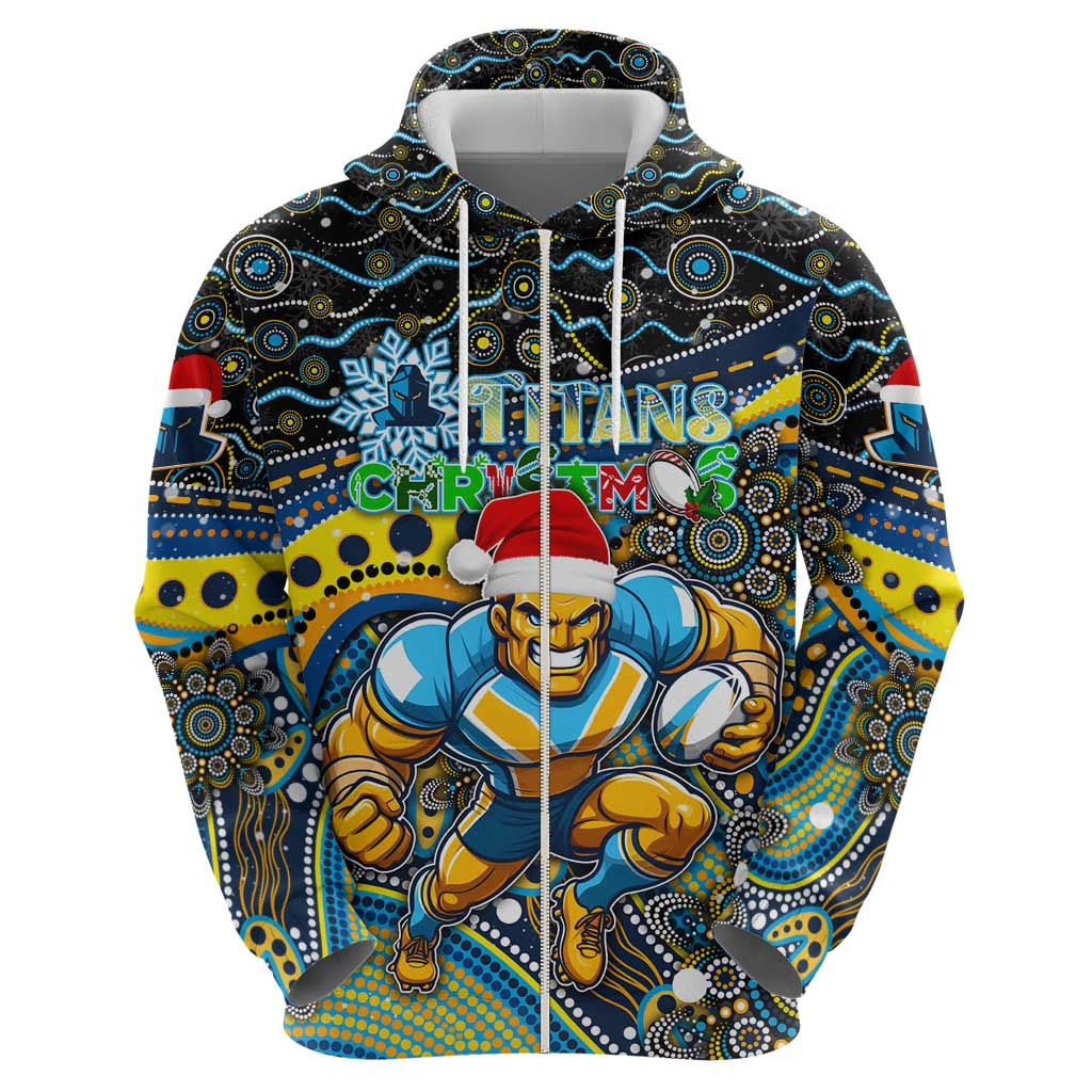 Merry Christmas Gold Coast Titans Zip Hoodie Aboriginal Santa Rugby Mascot - Light Blue