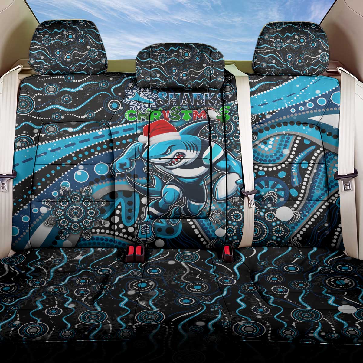 Merry Christmas Sharks Back Car Seat Cover Aboriginal Santa Rugby Mascot - Cronulla Sutherland