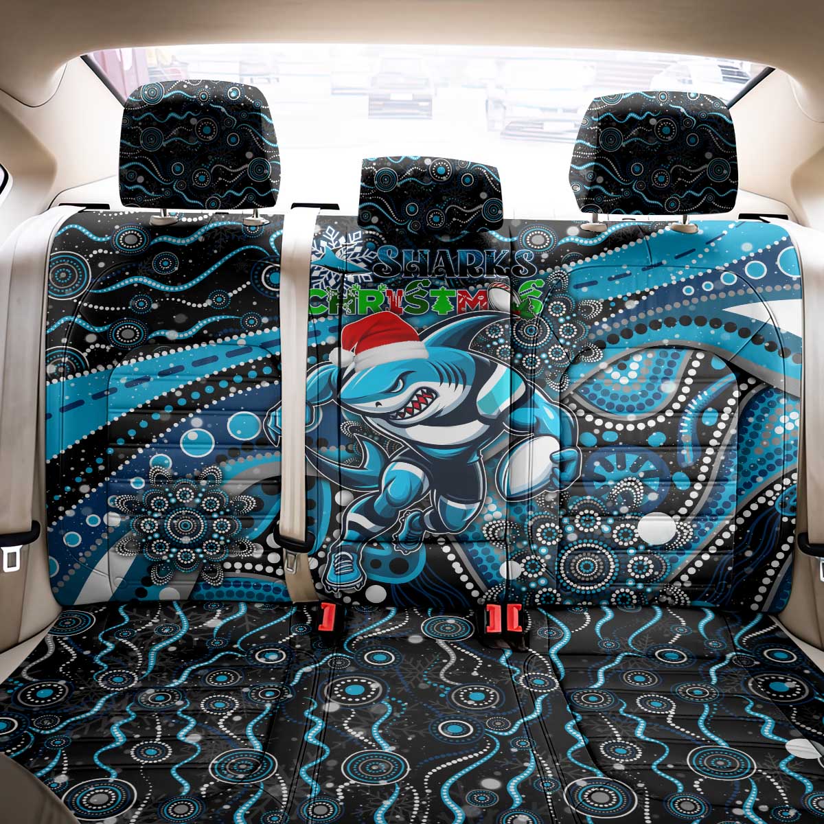 Merry Christmas Sharks Back Car Seat Cover Aboriginal Santa Rugby Mascot - Cronulla Sutherland