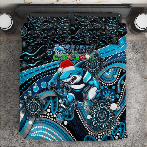Merry Christmas Sharks Bedding Set Aboriginal Santa Rugby Mascot - Cronulla Sutherland