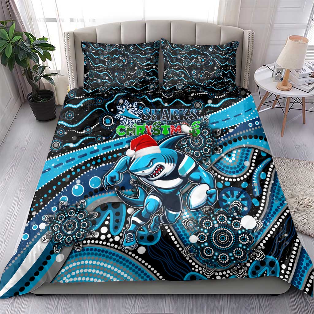 Merry Christmas Sharks Bedding Set Aboriginal Santa Rugby Mascot - Cronulla Sutherland