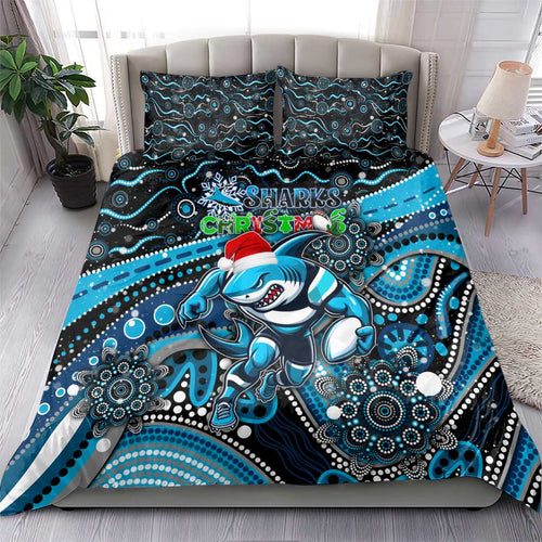 Merry Christmas Sharks Bedding Set Aboriginal Santa Rugby Mascot - Cronulla Sutherland