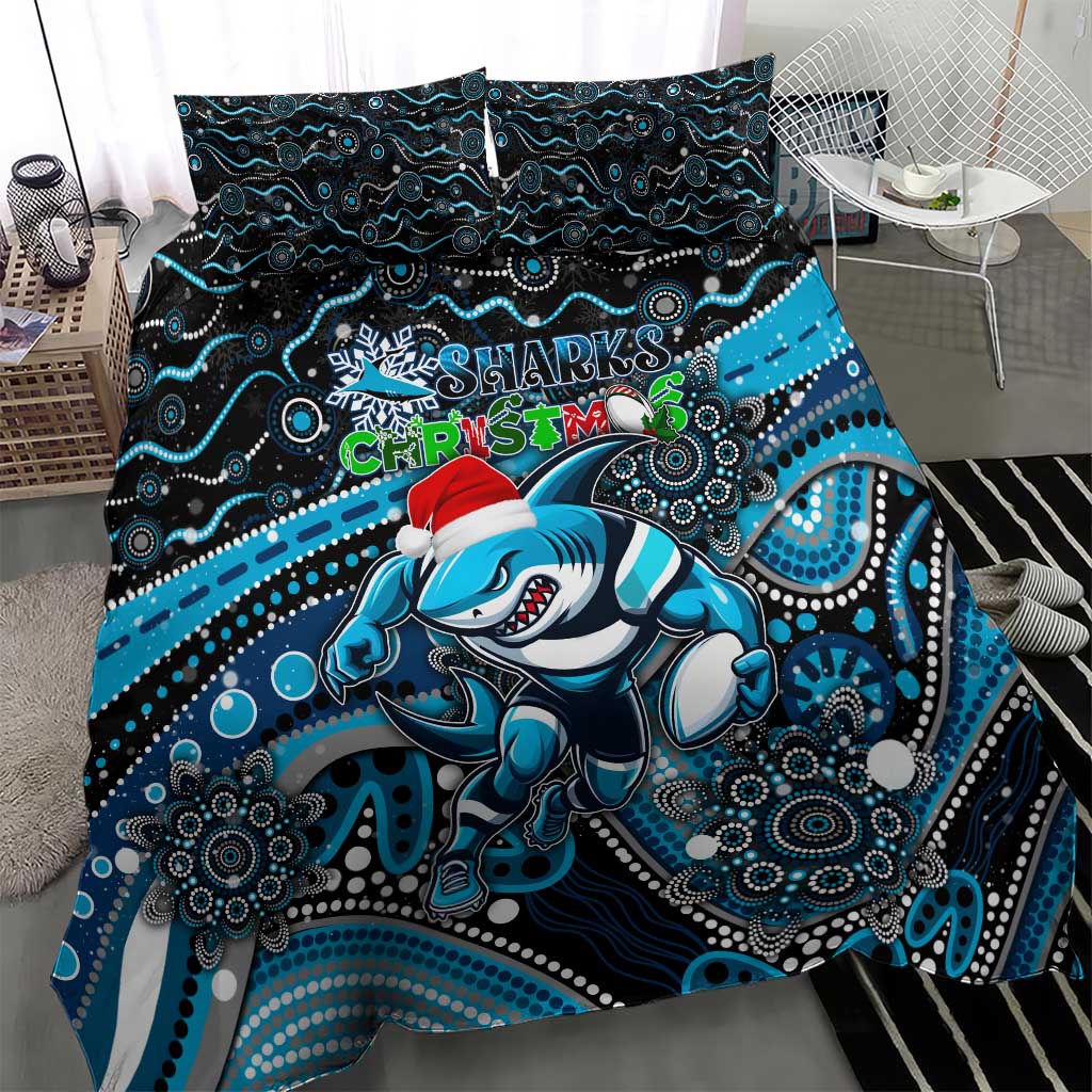 Merry Christmas Sharks Bedding Set Aboriginal Santa Rugby Mascot - Cronulla Sutherland