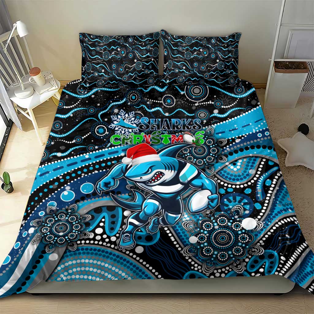 Merry Christmas Sharks Bedding Set Aboriginal Santa Rugby Mascot - Cronulla Sutherland