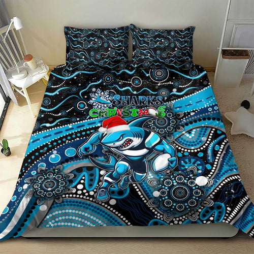 Merry Christmas Sharks Bedding Set Aboriginal Santa Rugby Mascot - Cronulla Sutherland