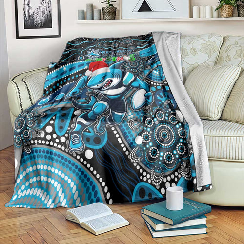 Merry Christmas Sharks Blanket Aboriginal Santa Rugby Mascot - Cronulla Sutherland