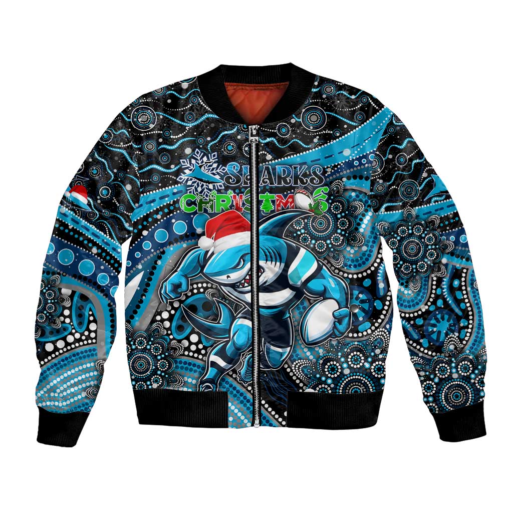 Merry Christmas Sharks Bomber Jacket Aboriginal Santa Rugby Mascot - Cronulla Sutherland
