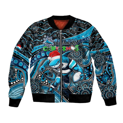 Merry Christmas Sharks Bomber Jacket Aboriginal Santa Rugby Mascot - Cronulla Sutherland