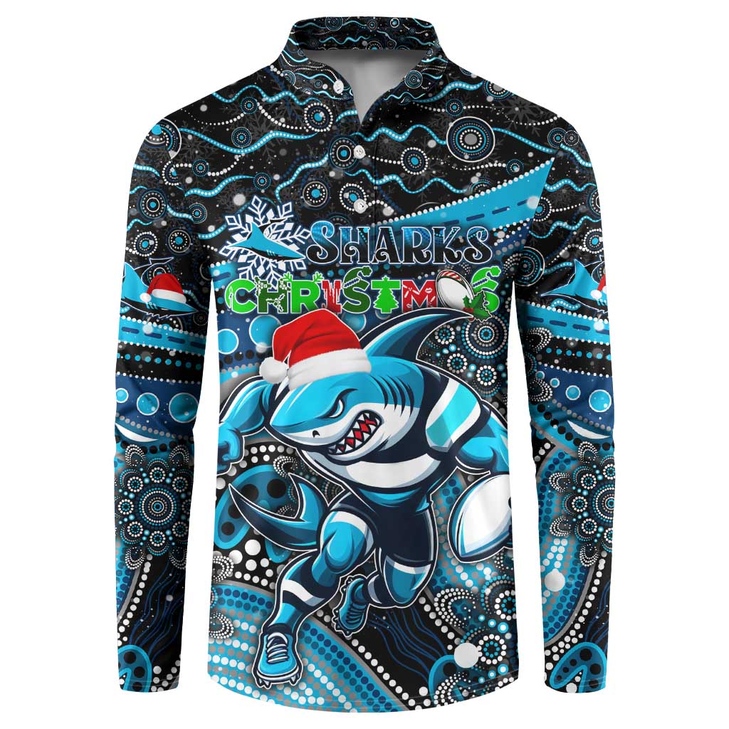 Merry Christmas Sharks Button Sweatshirt Aboriginal Santa Rugby Mascot - Cronulla Sutherland
