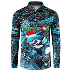 Merry Christmas Sharks Button Sweatshirt Aboriginal Santa Rugby Mascot - Cronulla Sutherland