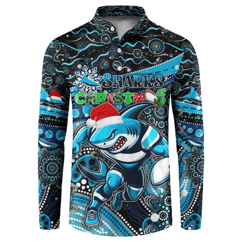 Merry Christmas Sharks Button Sweatshirt Aboriginal Santa Rugby Mascot - Cronulla Sutherland