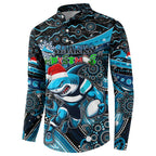 Merry Christmas Sharks Button Sweatshirt Aboriginal Santa Rugby Mascot - Cronulla Sutherland