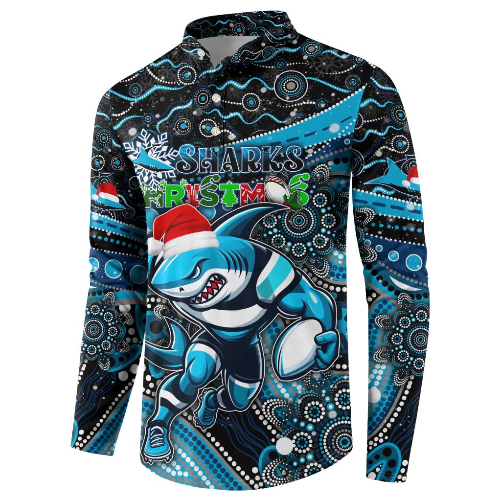 Merry Christmas Sharks Button Sweatshirt Aboriginal Santa Rugby Mascot - Cronulla Sutherland