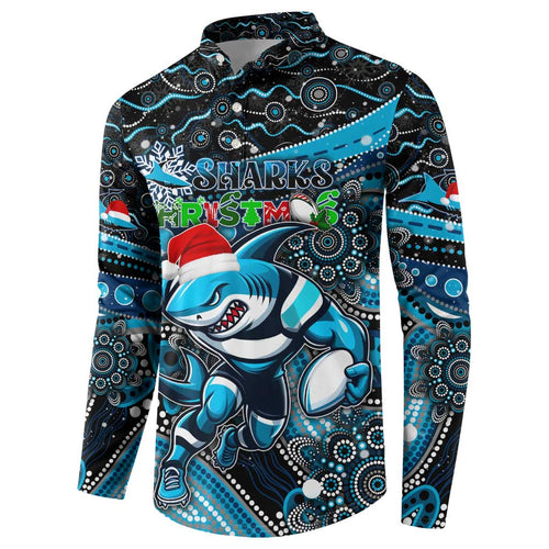 Merry Christmas Sharks Button Sweatshirt Aboriginal Santa Rugby Mascot - Cronulla Sutherland