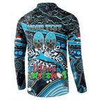 Merry Christmas Sharks Button Sweatshirt Aboriginal Santa Rugby Mascot - Cronulla Sutherland