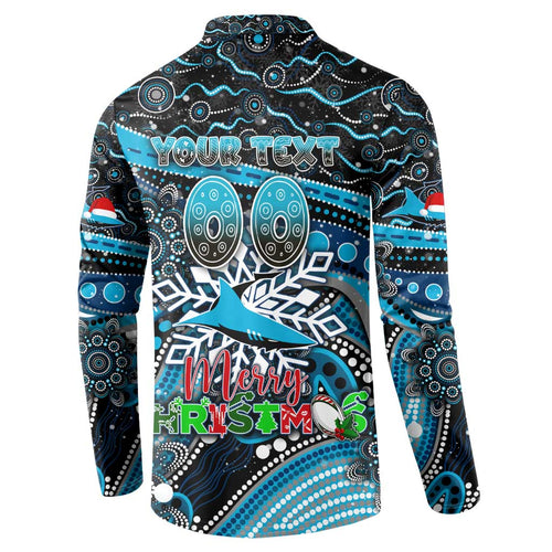 Merry Christmas Sharks Button Sweatshirt Aboriginal Santa Rugby Mascot - Cronulla Sutherland