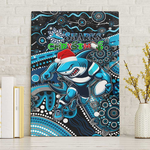 Merry Christmas Sharks Canvas Wall Art Aboriginal Santa Rugby Mascot - Cronulla Sutherland