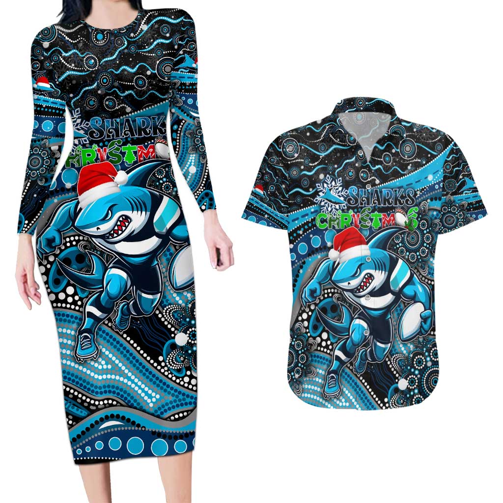 Merry Christmas Sharks Couples Matching Long Sleeve Bodycon Dress and Hawaiian Shirt Aboriginal Santa Rugby Mascot - Cronulla Sutherland