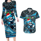 Merry Christmas Sharks Couples Matching Long Sleeve Bodycon Dress and Hawaiian Shirt Aboriginal Santa Rugby Mascot - Cronulla Sutherland