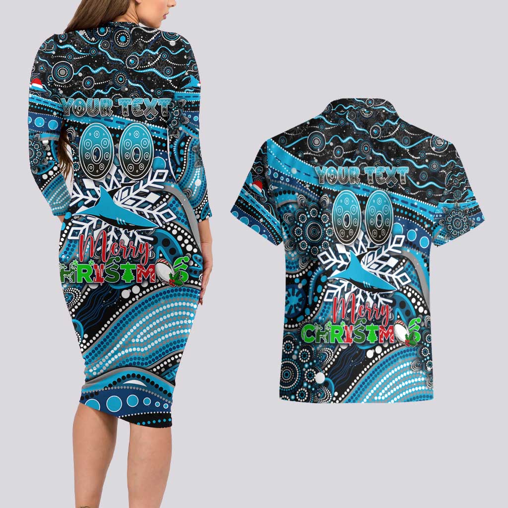 Merry Christmas Sharks Couples Matching Long Sleeve Bodycon Dress and Hawaiian Shirt Aboriginal Santa Rugby Mascot - Cronulla Sutherland