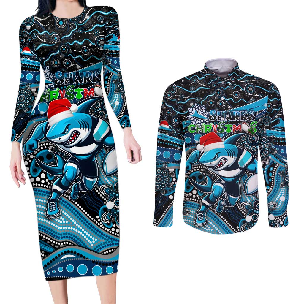 Merry Christmas Sharks Couples Matching Long Sleeve Bodycon Dress and Long Sleeve Button Shirt Aboriginal Santa Rugby Mascot - Cronulla Sutherland