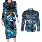 Merry Christmas Sharks Couples Matching Long Sleeve Bodycon Dress and Long Sleeve Button Shirt Aboriginal Santa Rugby Mascot - Cronulla Sutherland