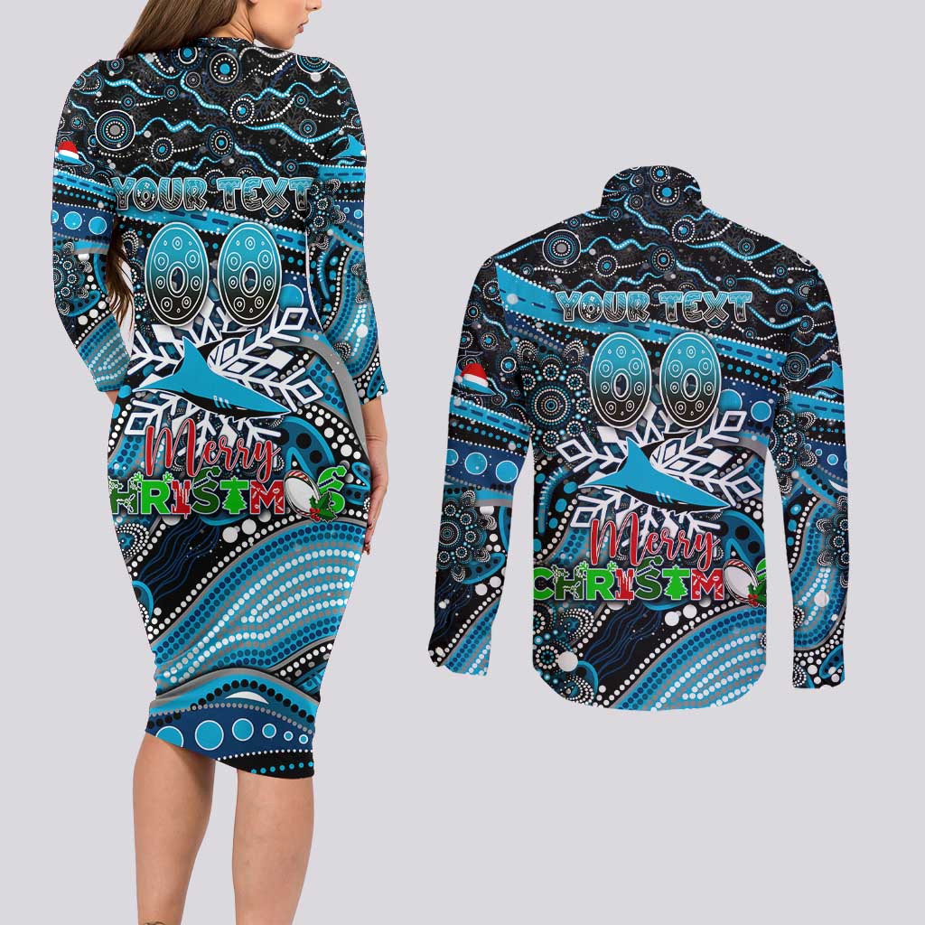 Merry Christmas Sharks Couples Matching Long Sleeve Bodycon Dress and Long Sleeve Button Shirt Aboriginal Santa Rugby Mascot - Cronulla Sutherland