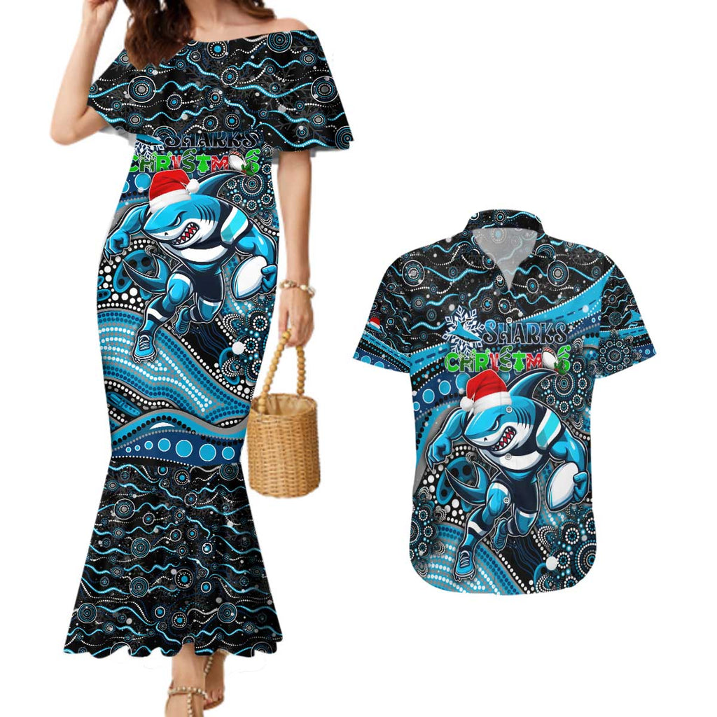 Merry Christmas Sharks Couples Matching Mermaid Dress and Hawaiian Shirt Aboriginal Santa Rugby Mascot - Cronulla Sutherland