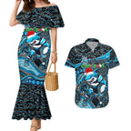 Merry Christmas Sharks Couples Matching Mermaid Dress and Hawaiian Shirt Aboriginal Santa Rugby Mascot - Cronulla Sutherland