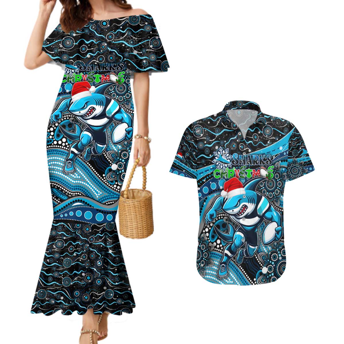Merry Christmas Sharks Couples Matching Mermaid Dress and Hawaiian Shirt Aboriginal Santa Rugby Mascot - Cronulla Sutherland